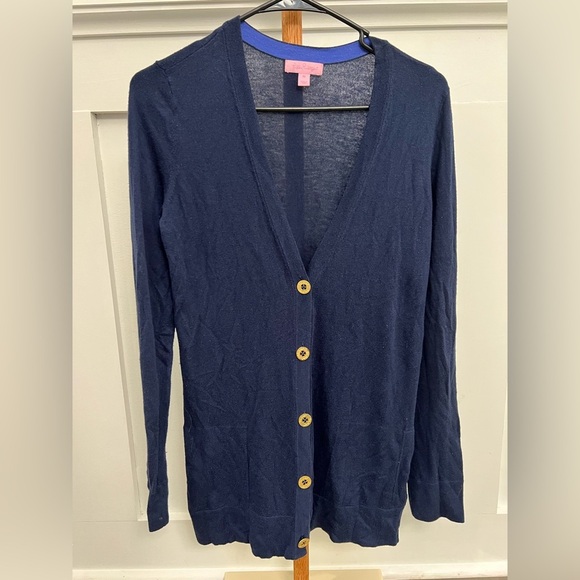 Lilly Pulitzer Blue Button Up Cardigan Sweater Classic Knit w/ Pockets sz Med - Picture 1 of 7